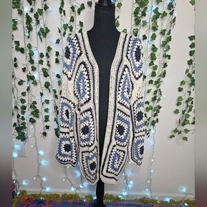 NWOT Sadie & Sage Blue And Cream Open Crochet Granny Square Long Duster Cardigan